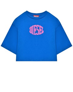 Укороченная футболка с розовым лого, синяя Diesel