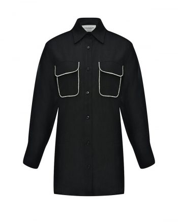 Льняная рубашка с карманами и аппликацией кристаллами, черная Forte dei Marmi Couture