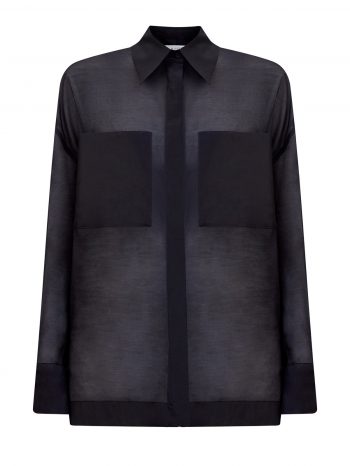 Блуза из хлопкового и льняного шифона с накладными карманами